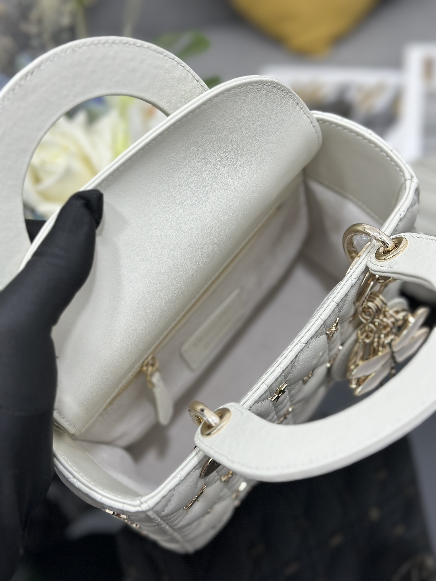 Small Lady Dior Bag White Lambskin with Dragonfly Nail